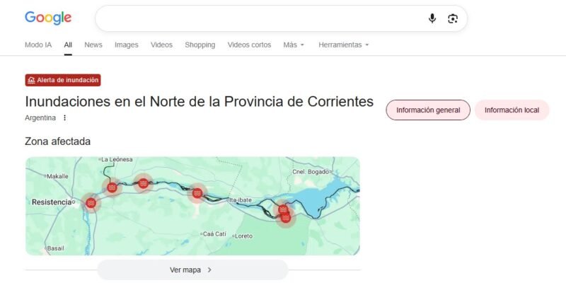 GOOGLE ACTIVÓ UNA “ALERTA DE INUNDACIÓN” PARA EL NORTE DE CORRIENTES